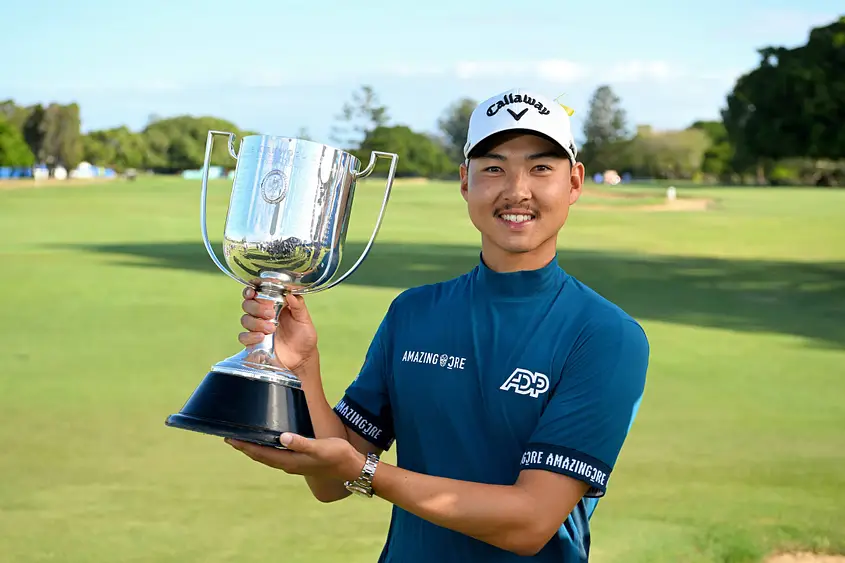 Min-Woo-Lee holds Fortinet Australian PGA Championship trophy
