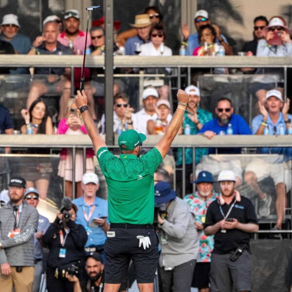 Dean Burmester of Stinger GC celebrates after winning the second playoff hole at LIV Golf Miami.