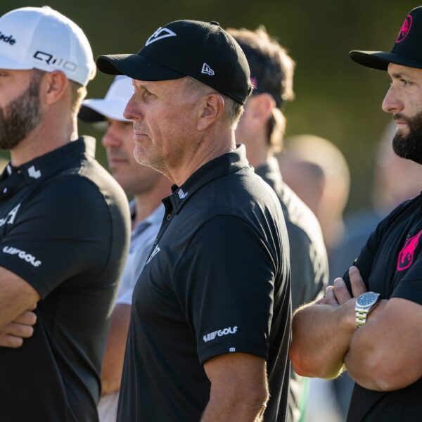 (L-R) Captain Dustin Johnson of 4Aces GC, Captain Phil Mickelson of HyFlyers GC and Jon Rahm of Legion XIII