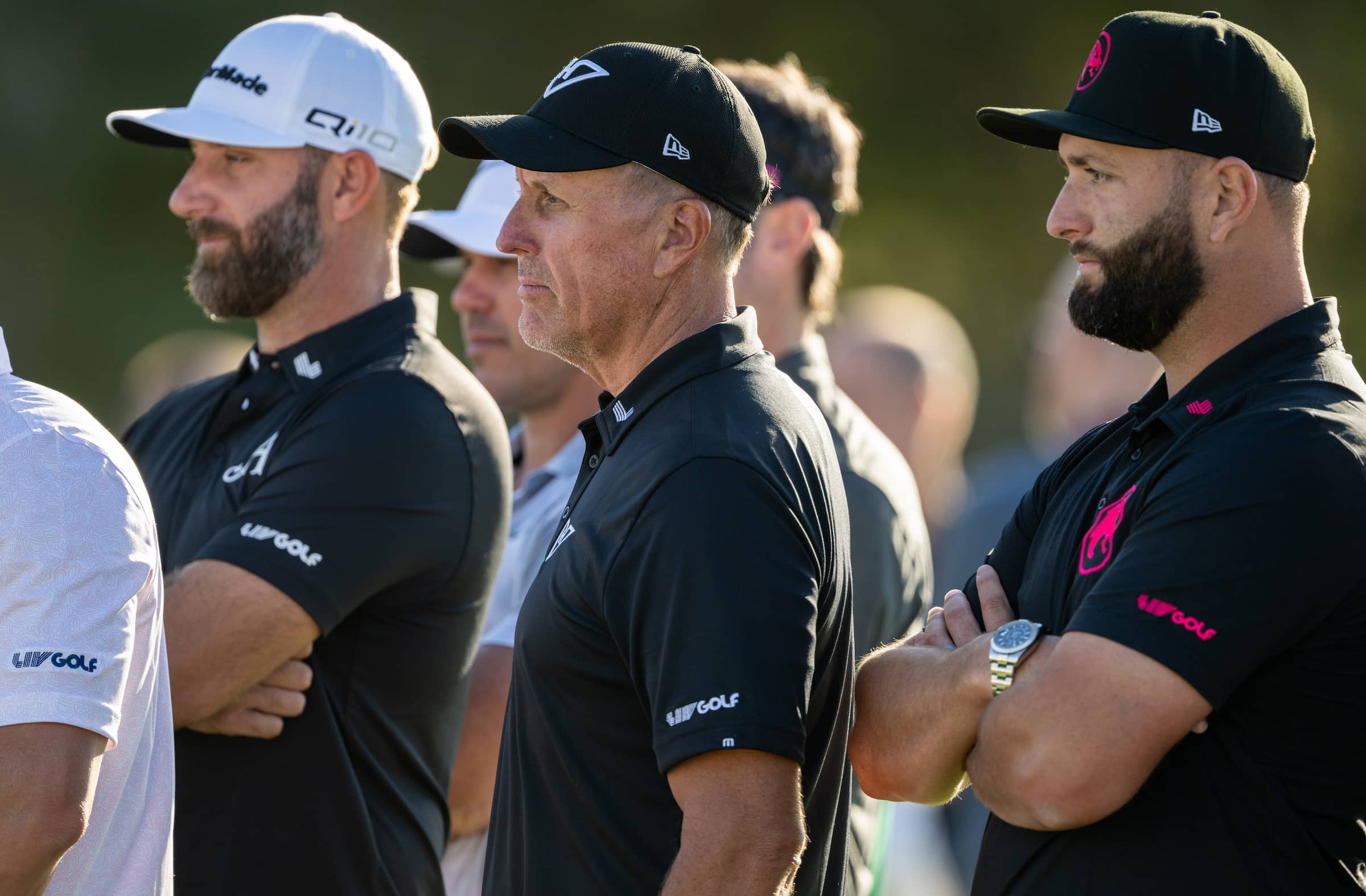 (L-R) Captain Dustin Johnson of 4Aces GC, Captain Phil Mickelson of HyFlyers GC and Jon Rahm of Legion XIII