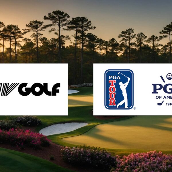 LIV PGAT and PGA of America Logos with golf course background