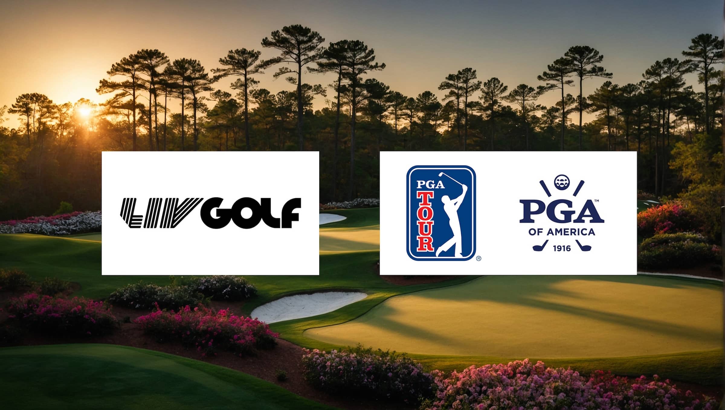 LIV PGAT and PGA of America Logos with golf course background