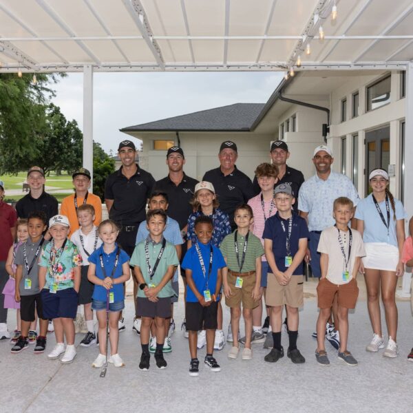 group shot during the Bukers in Bagdad Clinic with Founder and President, Joe Hanna, Captain Phil Mickelson, Andy Ogletree, Cameron Tringale and Brendan Steele of HyFlyers GC during the practice round