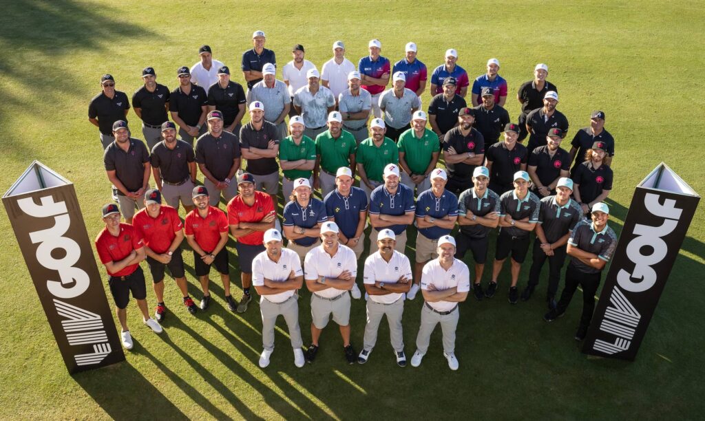 Sebastián Muñoz of Torque GC, (Bottom, L-R) Charles Howell III, Captain Bryson DeChambeau, Anirban Lahiri and Paul Casey of Crushers GC pose for a group photo during the practice round prior to the start of LIV Golf Mayakoba