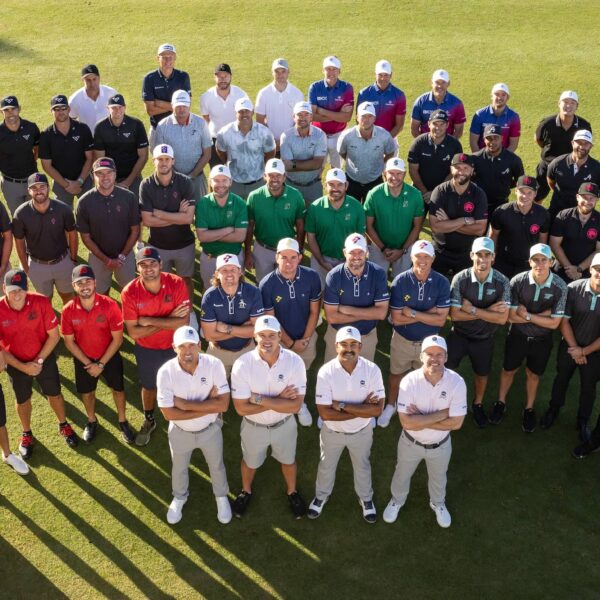 Sebastián Muñoz of Torque GC, (Bottom, L-R) Charles Howell III, Captain Bryson DeChambeau, Anirban Lahiri and Paul Casey of Crushers GC pose for a group photo during the practice round prior to the start of LIV Golf Mayakoba