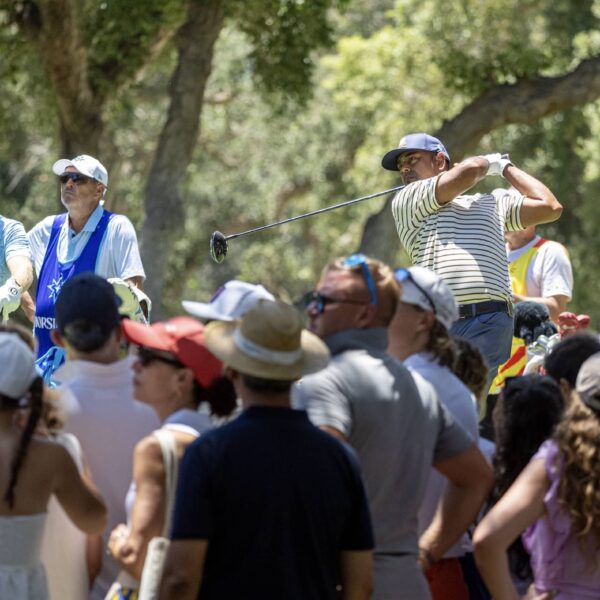 Anirban Lahiri of Crushers GC hits his shot from the ninth tee during the second round of LIV Golf Andalucía at Real Club Valderrama.