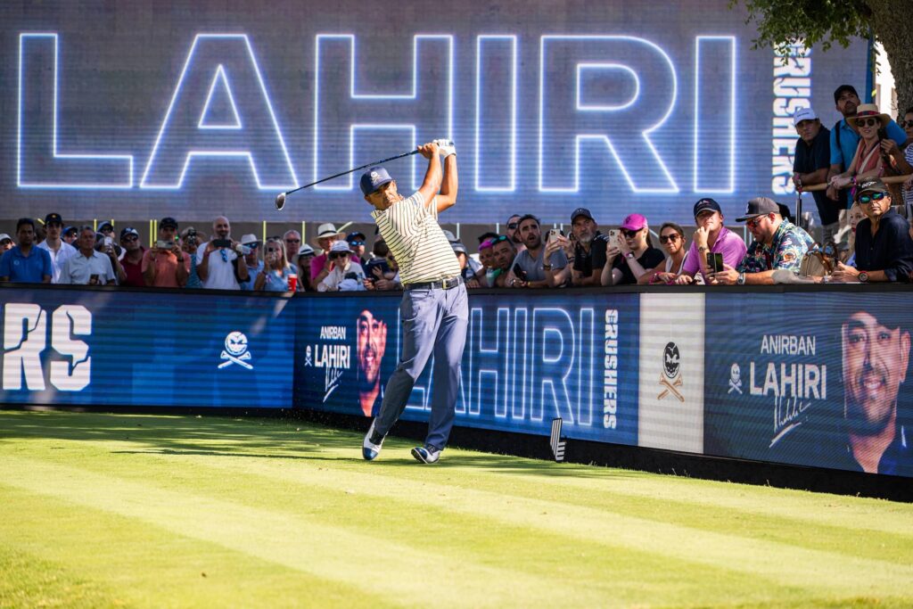 Anirban Lahiri of Crushers GC hits his shot from the first tee during the second round of LIV Golf Andalucía at Real Club Valderrama on Saturday, July 13, 2024 in San Roque, Spain.