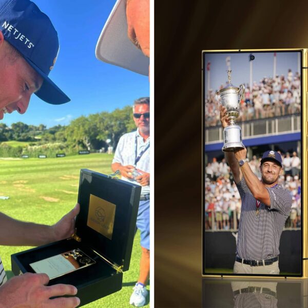 Bryson DeChambeau with gold mobile phone from Samsung