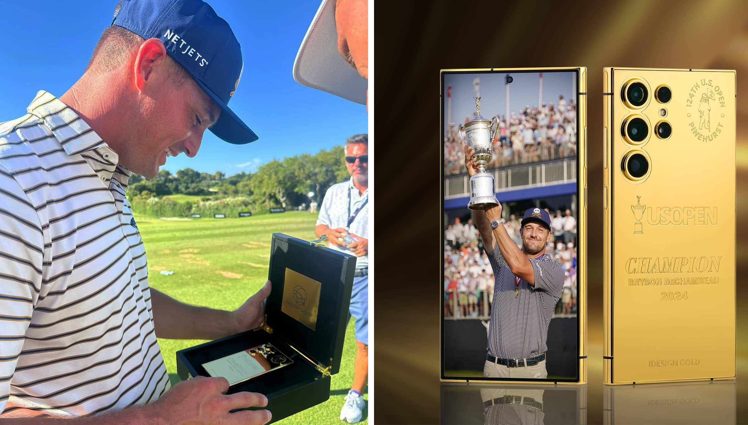 Bryson DeChambeau with gold mobile phone from Samsung