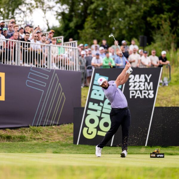 Captain Jon Rahm of Legion XIII hits his shot from the 17th tee during the first round of LIV Golf United Kingdom by JCB