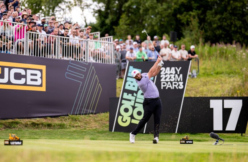 Captain Jon Rahm of Legion XIII hits his shot from the 17th tee during the first round of LIV Golf United Kingdom by JCB