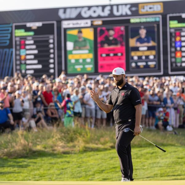 Captain Jon Rahm of Legion XIII waves to the crowd after putting out on the 18th green during the final round of LIV Golf United Kingdom