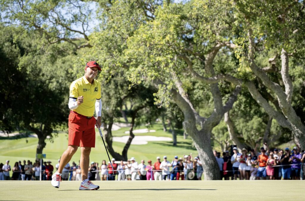 Captain Sergio Garcia of Fireballs GC celebrates on the 18th green during the second round of LIV Golf Andalucía. 