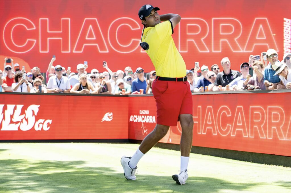 Eugenio Chacarra of Fireballs GC hits his shot from the first tee during the second round of LIV Golf Andalucía.