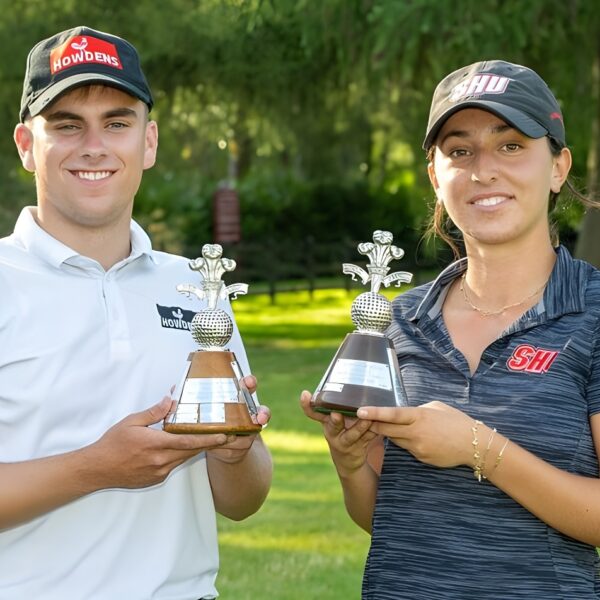 Jake Sowden with Chantal El Chaib and their winning trophies