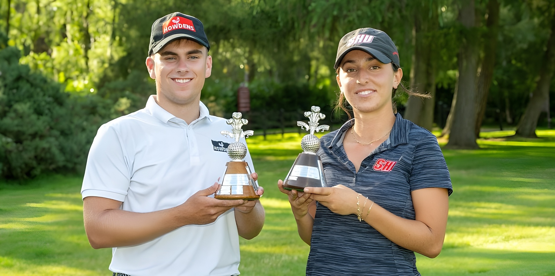 Jake Sowden with Chantal El Chaib and their winning trophies