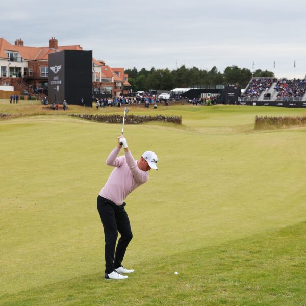 Justin Thomas of the United States plays his second shot on the 18th hole during day one of the Genesis Scottish Open at The Renaissance Club