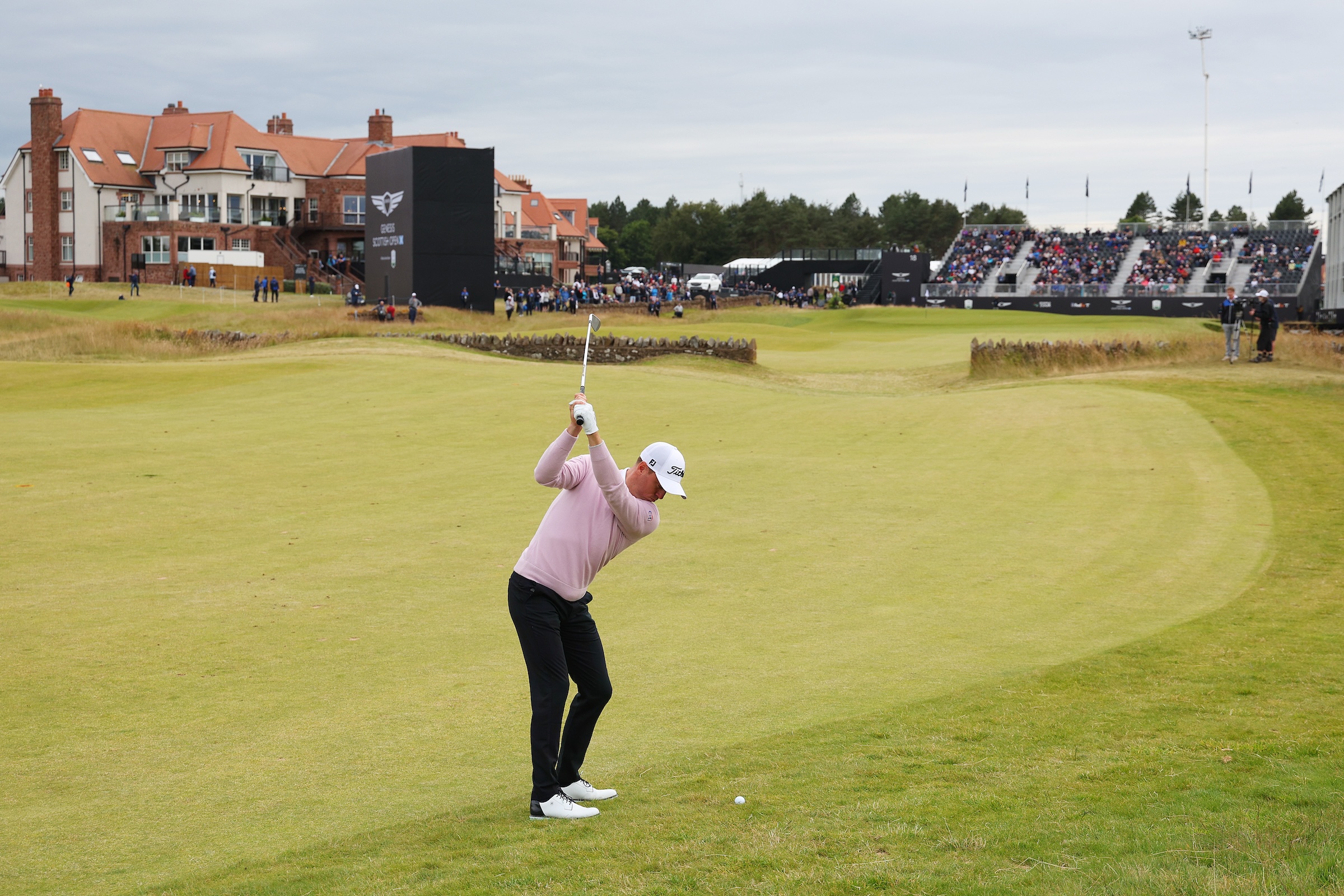 Justin Thomas of the United States plays his second shot on the 18th hole during day one of the Genesis Scottish Open at The Renaissance Club