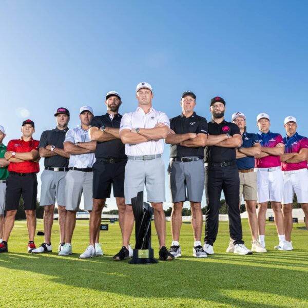 Captain Martin Kaymer of Cleeks GC, Captain Louis Oosthuizen of Stinger GC, Captain Sergio Garcia of Fireballs GC, Captain Bubba Watson of RangeGoats GC, Captain Brooks Koepka of Smash GC, Captain Dustin Johnson of 4Aces GC, Captain Bryson DeChambeau of Crushers GC, Captain Phil Mickelson of HyFlyers GC, Captain Jon Rahm of Legion XIII, Captain Cameron Smith of Ripper GC, Co-Captain Ian Poulter of Majesticks GC, Co-Captain Henrik Stenson of Majesticks GC, Co-Captain Lee Westwood of Majesticks GC and Captain Joaquín Niemann of Torque GC pose for a photo with the Team Trophy during the practice round before of the LIV Golf Mayakoba at the El CamaleÛn Golf Course in Playa del Carmen, Mexico.