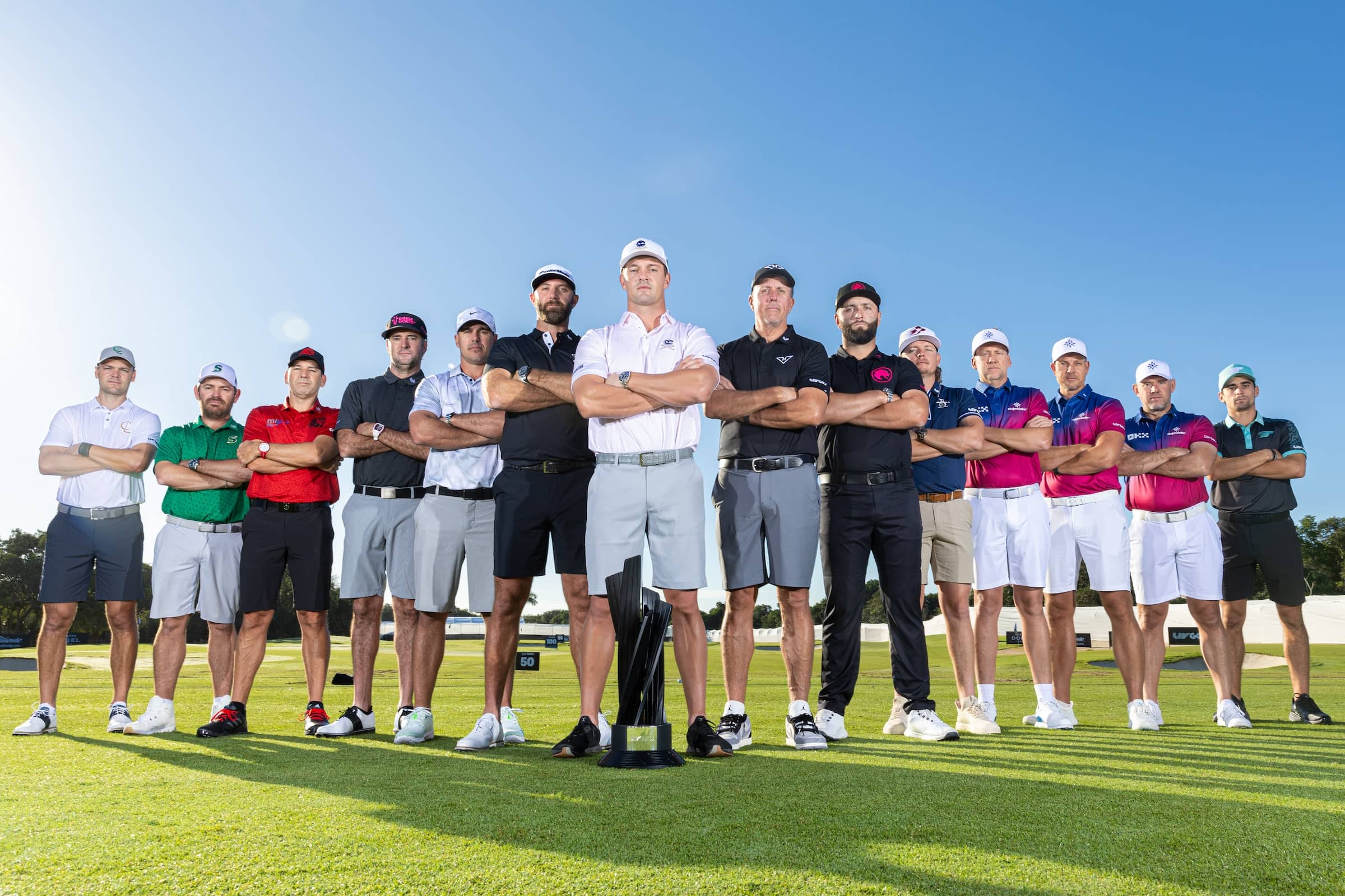Captain Martin Kaymer of Cleeks GC, Captain Louis Oosthuizen of Stinger GC, Captain Sergio Garcia of Fireballs GC, Captain Bubba Watson of RangeGoats GC, Captain Brooks Koepka of Smash GC, Captain Dustin Johnson of 4Aces GC, Captain Bryson DeChambeau of Crushers GC, Captain Phil Mickelson of HyFlyers GC, Captain Jon Rahm of Legion XIII, Captain Cameron Smith of Ripper GC, Co-Captain Ian Poulter of Majesticks GC, Co-Captain Henrik Stenson of Majesticks GC, Co-Captain Lee Westwood of Majesticks GC and Captain Joaquín Niemann of Torque GC pose for a photo with the Team Trophy during the practice round before of the LIV Golf Mayakoba at the El CamaleÛn Golf Course in Playa del Carmen, Mexico.