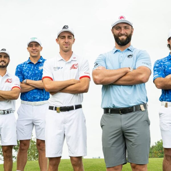 The seven Olympic qualifiers pose for a photo (L-R) Adrian Meronk, Abraham Ancer, Carlos Ortiz, Carlos Ortiz, David Puig, Jon Rahm, Mito Pereira and Captain Joaquín Niemann of Torque GC pose for a photo