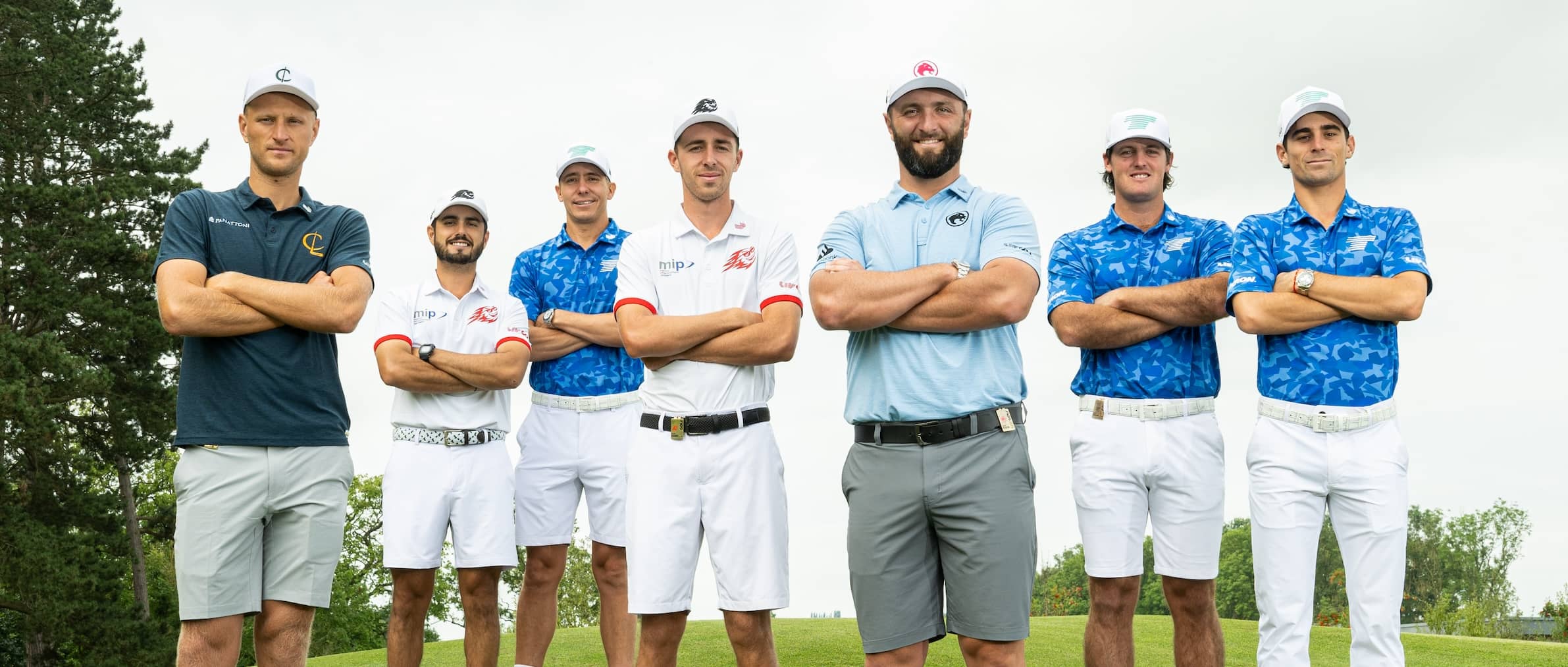 The seven Olympic qualifiers pose for a photo (L-R) Adrian Meronk, Abraham Ancer, Carlos Ortiz, Carlos Ortiz, David Puig, Jon Rahm, Mito Pereira and Captain Joaquín Niemann of Torque GC pose for a photo