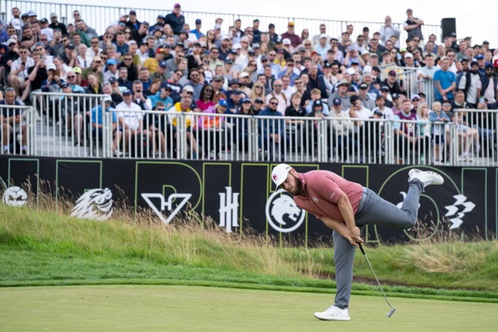 Tyrrell Hatton of Legion XIII reacts to his putt on the 14th green during the second round of LIV Golf United Kingdom by JCB 