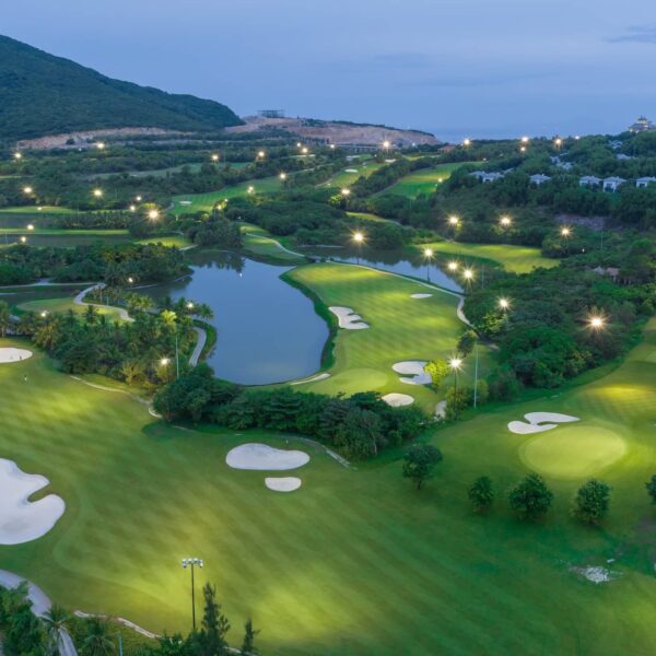 Aerial view of golf course near the beach in island in Nha Trang, Vietnam