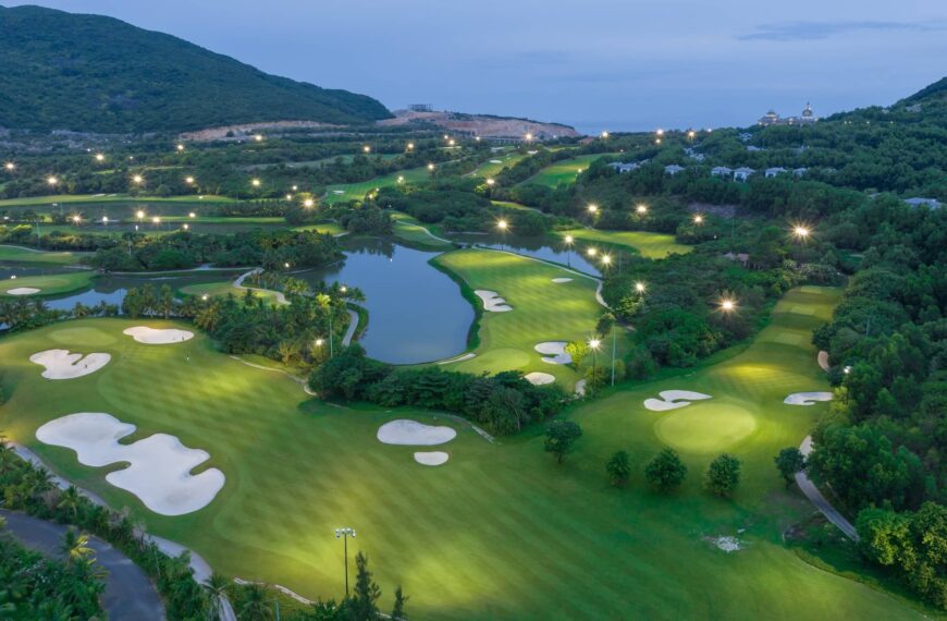 Aerial view of golf course near the beach in island in Nha Trang, Vietnam