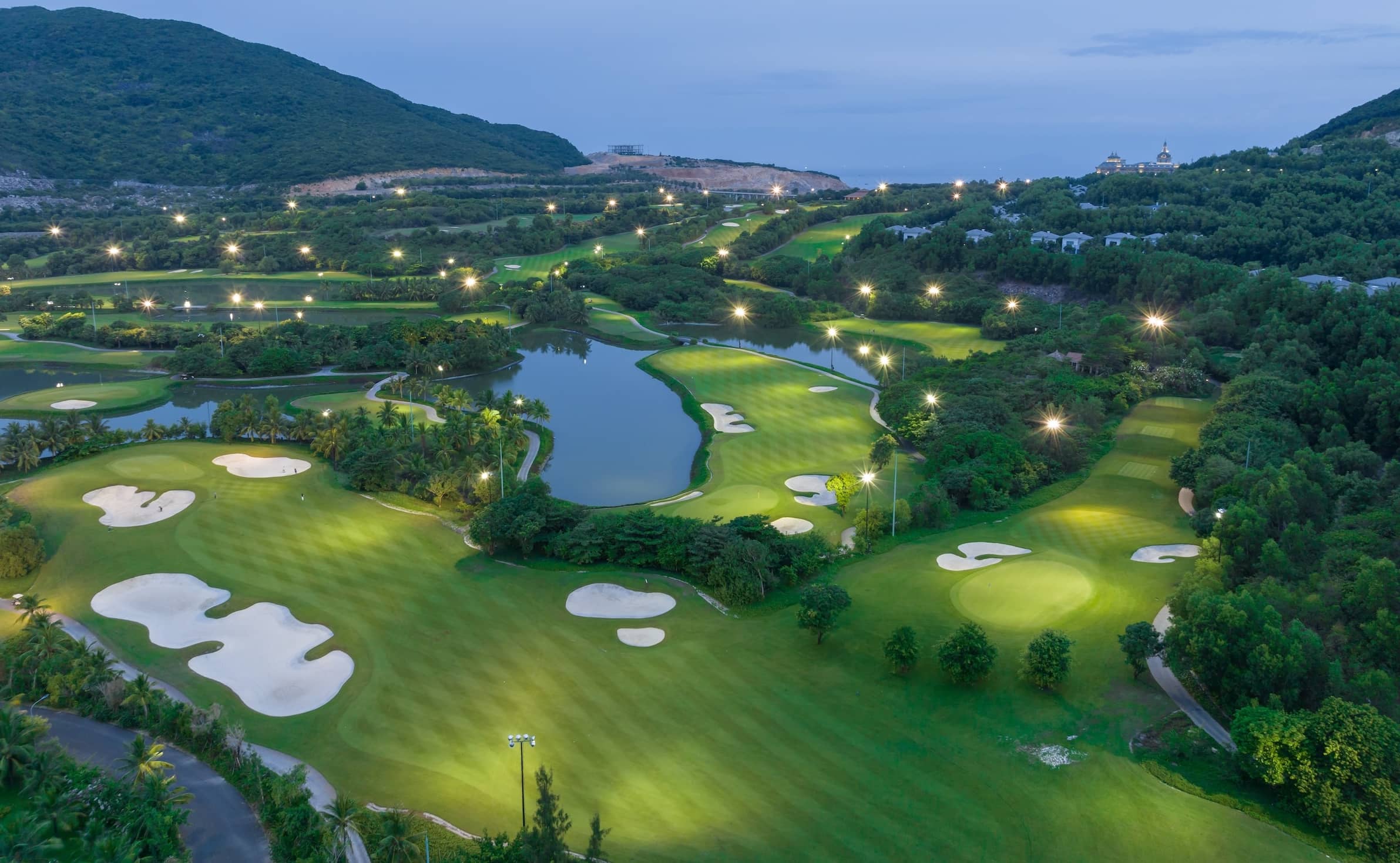 Aerial view of golf course near the beach in island in Nha Trang, Vietnam