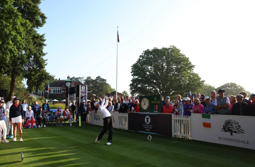 Beth Coulter tees off on the opening hole at Sunningdale in the 43rd Curtis Cup