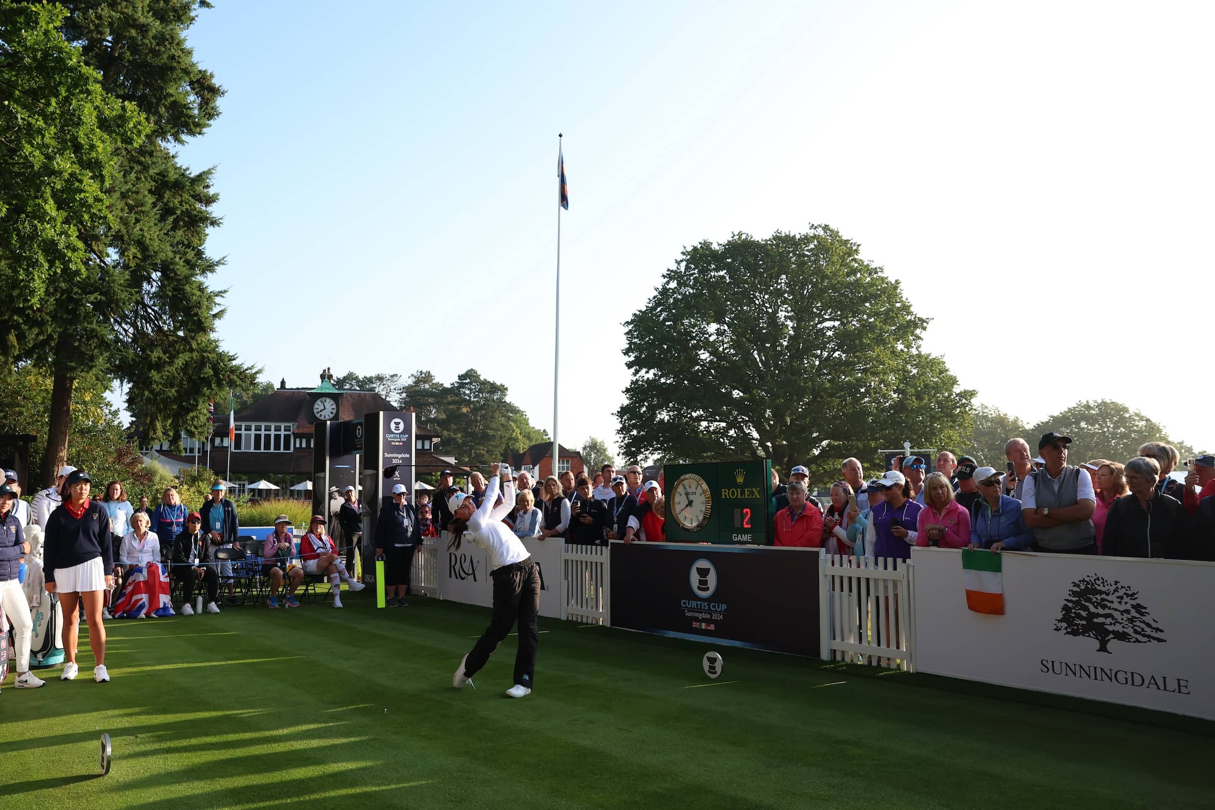 Beth Coulter tees off on the opening hole at Sunningdale in the 43rd Curtis Cup