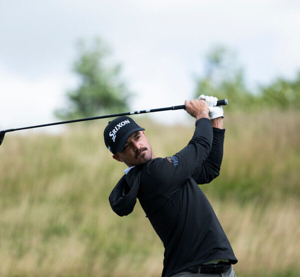 Brandon Robinson Thompson of England on the 1st tee on day three of the Farmfoods Scottish Challenge supported by the R&A