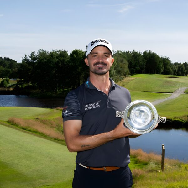 Brandon Robinson Thompson of England with the trophy after winning the Farmfoods Scottish Challenge supported by the R&A 2024 at Newmachar Golf Club