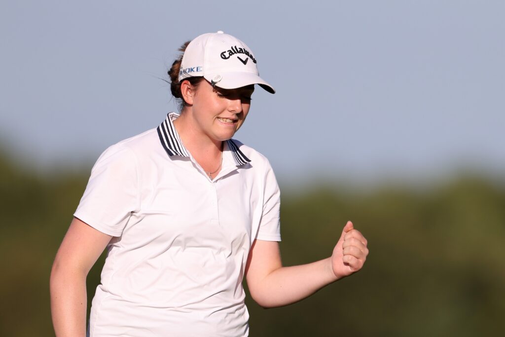 Emily Peaford of England reacts during day one of The R&A Girls' Amateur Championship at The Alwoodley Golf Club