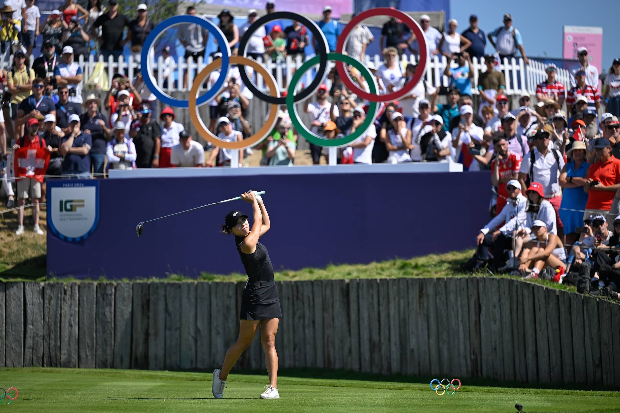 Lydia Ko of Team New Zealand plays from the first tee during the final round of the 2024 Paris Olympics at Le Golf National