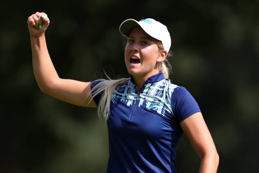 Great Britain and Ireland’s Sara Byrne reacts after winning her singles match over Catherine Park at the 43rd Curtis Cup at Sunningdale