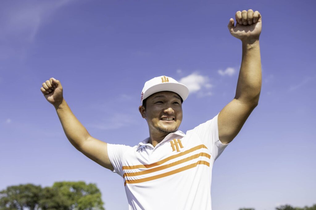 Jinichiro Kozuma of Iron Heads GC celebrates after his winning par putt to advance to the LIV Golf Dallas Team Championship semifinals.