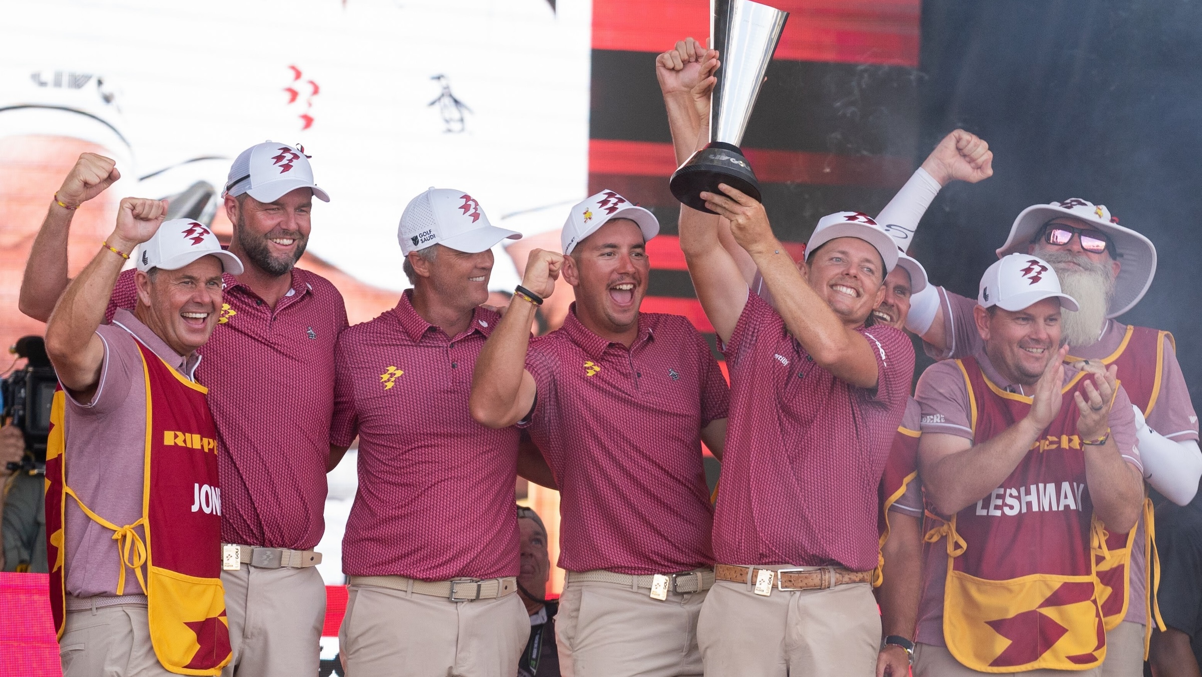 Ripper GC celebrate after securing the title over 4Aces GC and Iron Heads GC at the LIV Golf Dallas Team Championship.