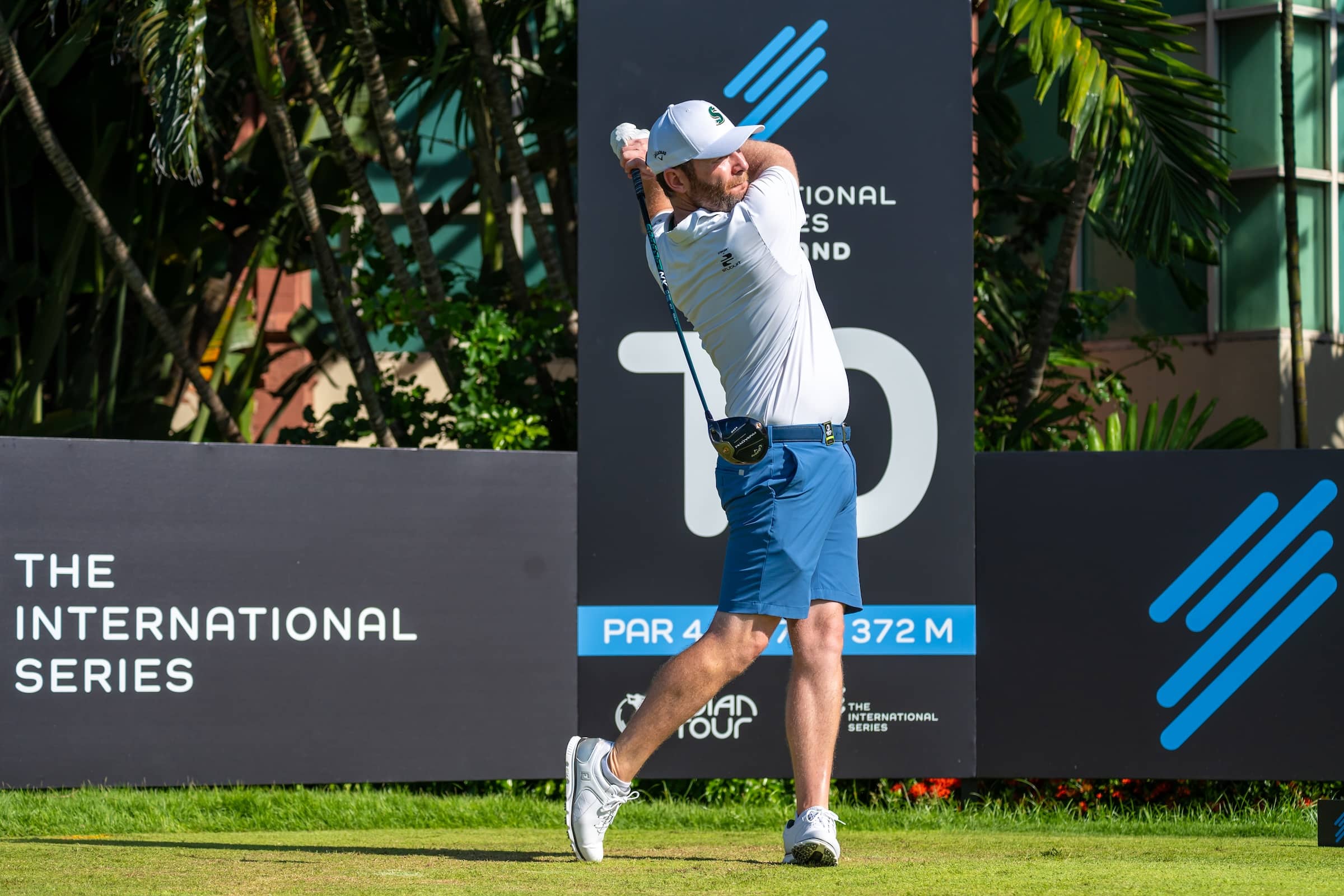 Branden Grace pictured on the 10th tee at Thai Country Club for International Series Thailand, the sixth of 10 events on The International Series in 2024.