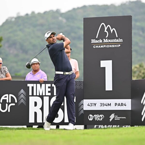 Gaganjeet Bhullar pictured on the first tee at the Black Mountain Golf Club for the Black Mountain Championship, the fifth of 10 elevated events on The International Series schedule in 2024