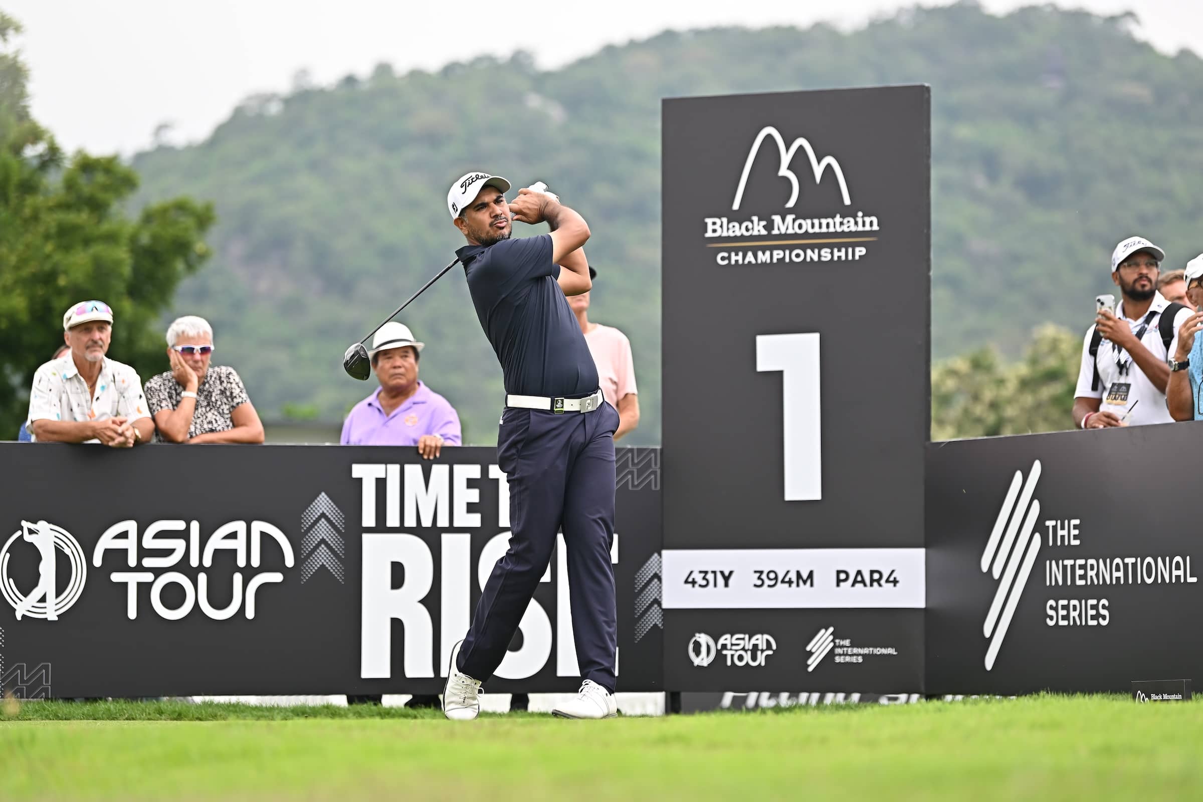 Gaganjeet Bhullar pictured on the first tee at the Black Mountain Golf Club for the Black Mountain Championship, the fifth of 10 elevated events on The International Series schedule in 2024