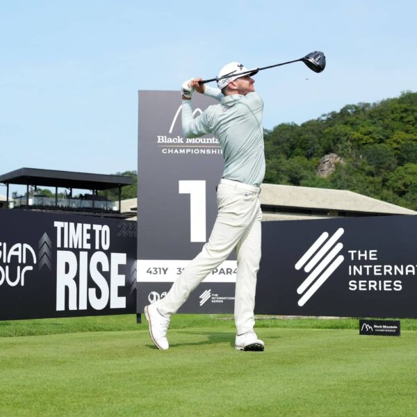 John Catlin tees off in the pro-am ahead of the Black Mountain Championship in Hua Hin, Thailand