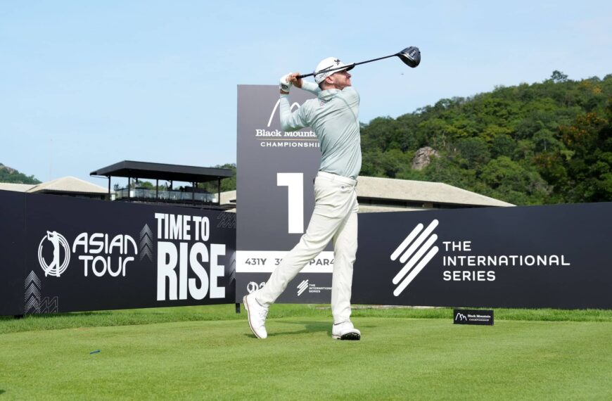 John Catlin tees off in the pro-am ahead of the Black Mountain Championship in Hua Hin, Thailand