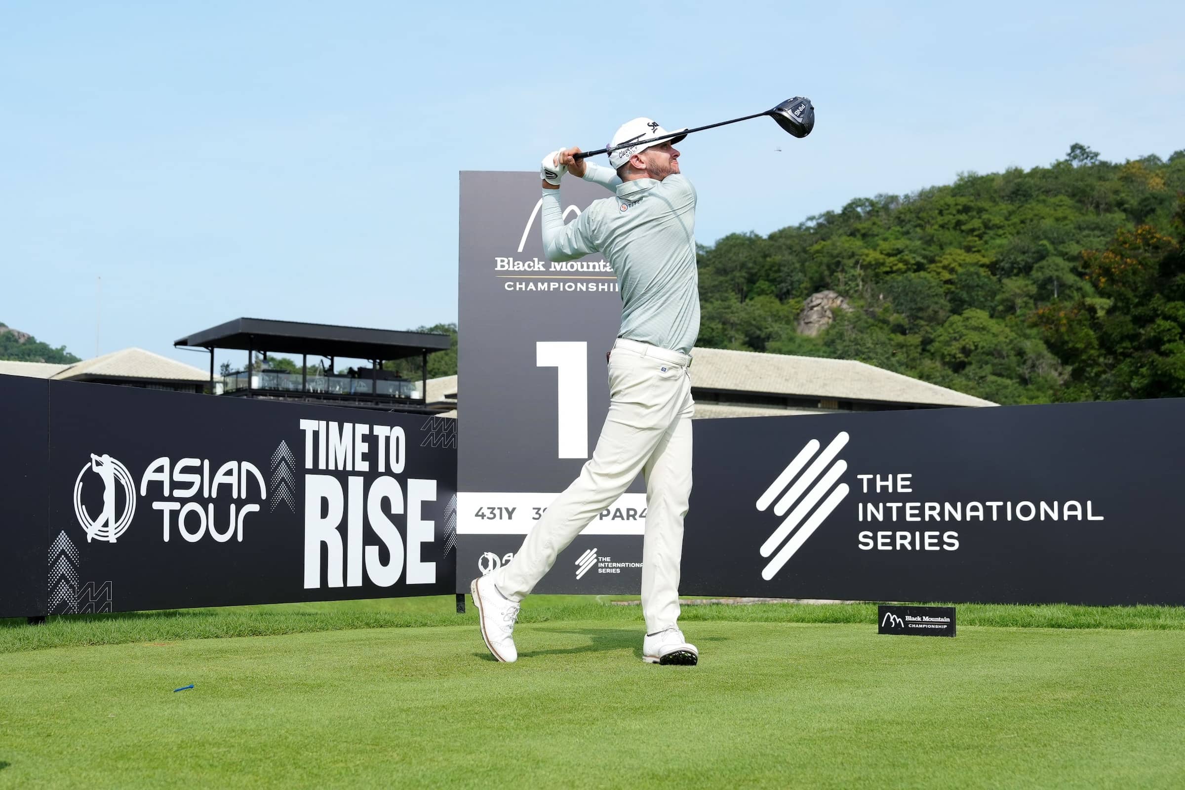 John Catlin tees off in the pro-am ahead of the Black Mountain Championship in Hua Hin, Thailand