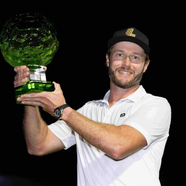 Kalle Samooja of Finland celebrates after winning the inaugural LIV Golf Promotions 2023 in Abu Dhabi, United Arab Emirates.