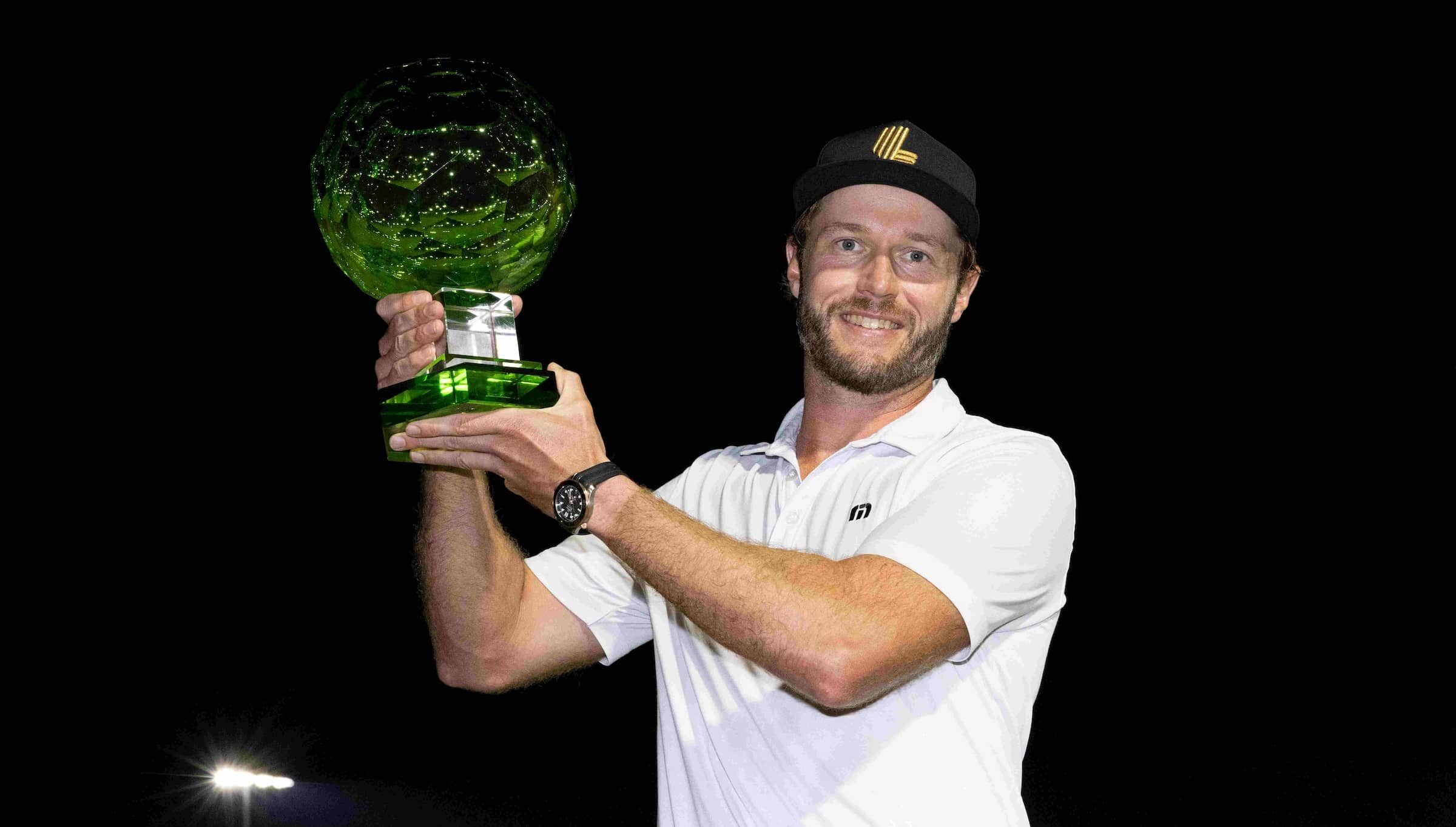 Kalle Samooja of Finland celebrates after winning the inaugural LIV Golf Promotions 2023 in Abu Dhabi, United Arab Emirates.