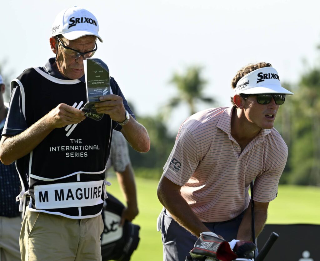 MJ Maguire pictured with caddie Julian ‘Eggie’ Hunt at Thai Country Club during International Series Thailand, the sixth of 10 events on The International Series in 2024.