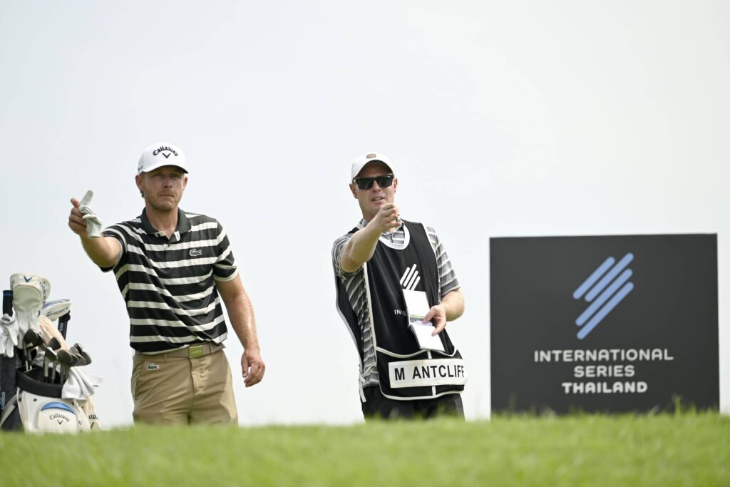 Maverick Antcliff pictured with his caddie at the Thai Country Club which is host to the International Series Thailand event, the sixth of 10 events on The International Series in 2024