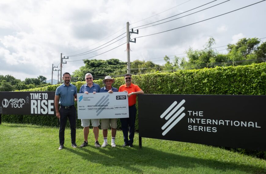 L-R Cho Minn Thant, Commissioner & CEO of Asian Tour, Donald Nimmo CEO of the Bright Dawn Foundation, Mike Staples, Deputy President of the Bright Dawn Foundation and Rahul Singh, Head of The International Series all pictured with the Bright Dawn Foundation cheque in Thailand.